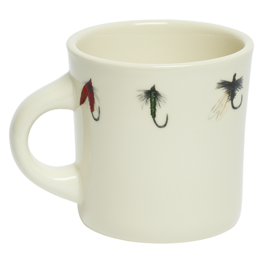 White mug with fly fishing hooks design on a white background