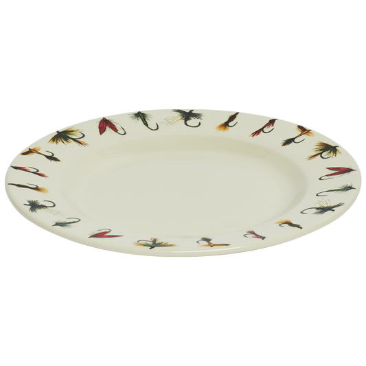 Round plate with fishing lure design on a white background