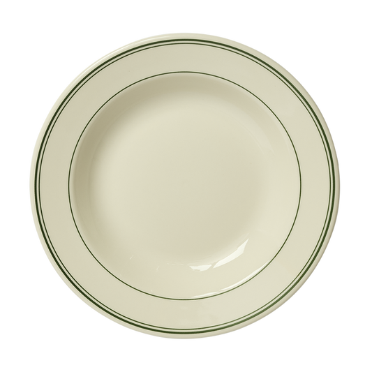 Beige ceramic bowl with green rim on a white background