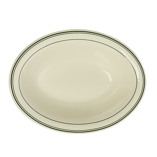 Beige ceramic plate with a green rim on a white background