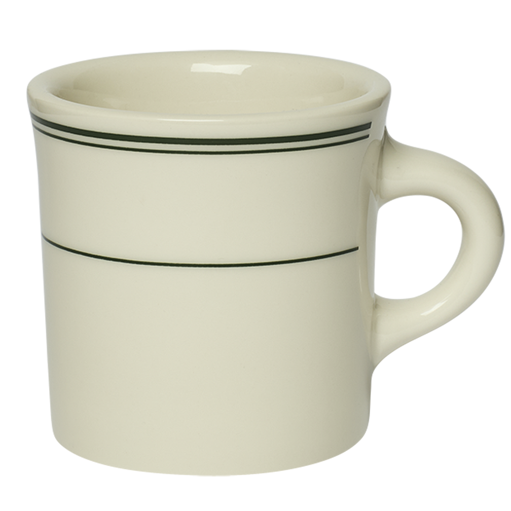 White mug with black stripes on a white background