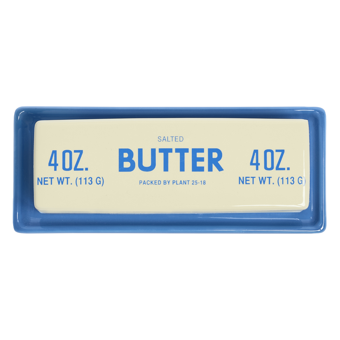 Butter container with blue lid and white label on a white background
