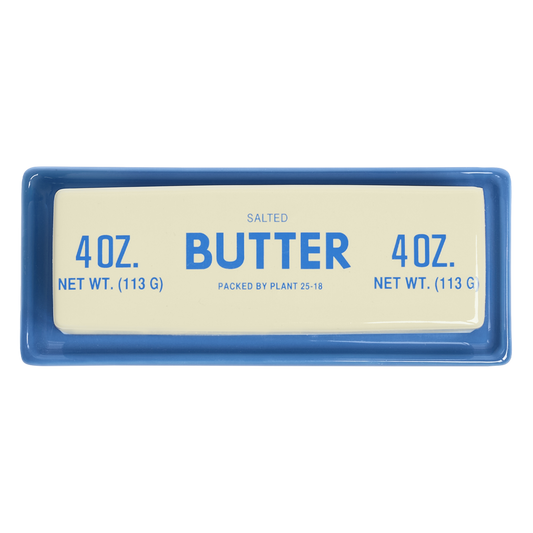 Butter container with blue lid and white label on a white background