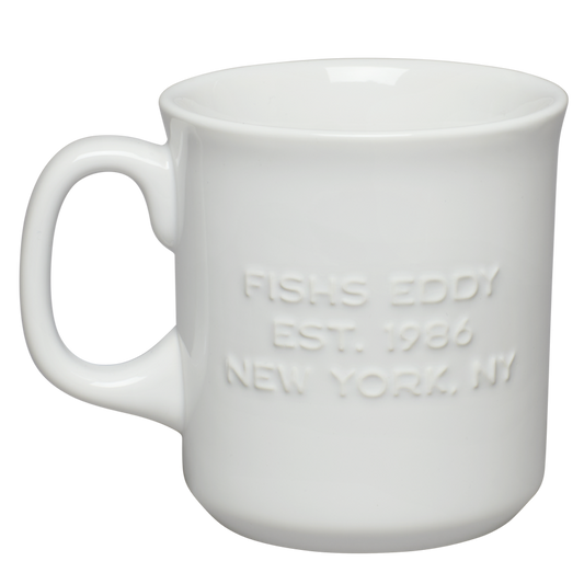 White mug with 'Fisher Body Est. 1986 New York, NY' text on a white background