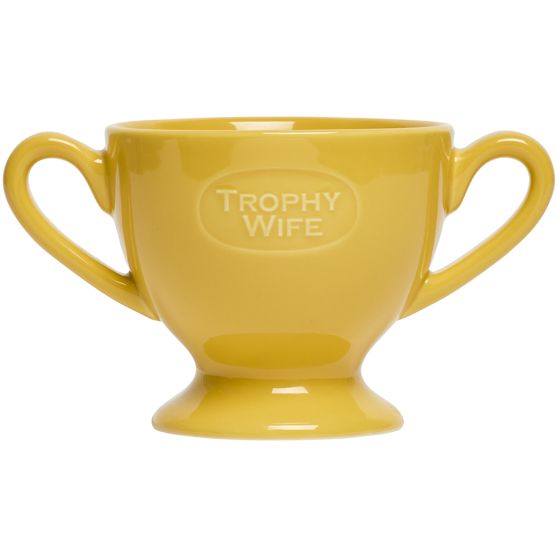 Yellow trophy-shaped mug with 'Trophy Wife' text on a white background