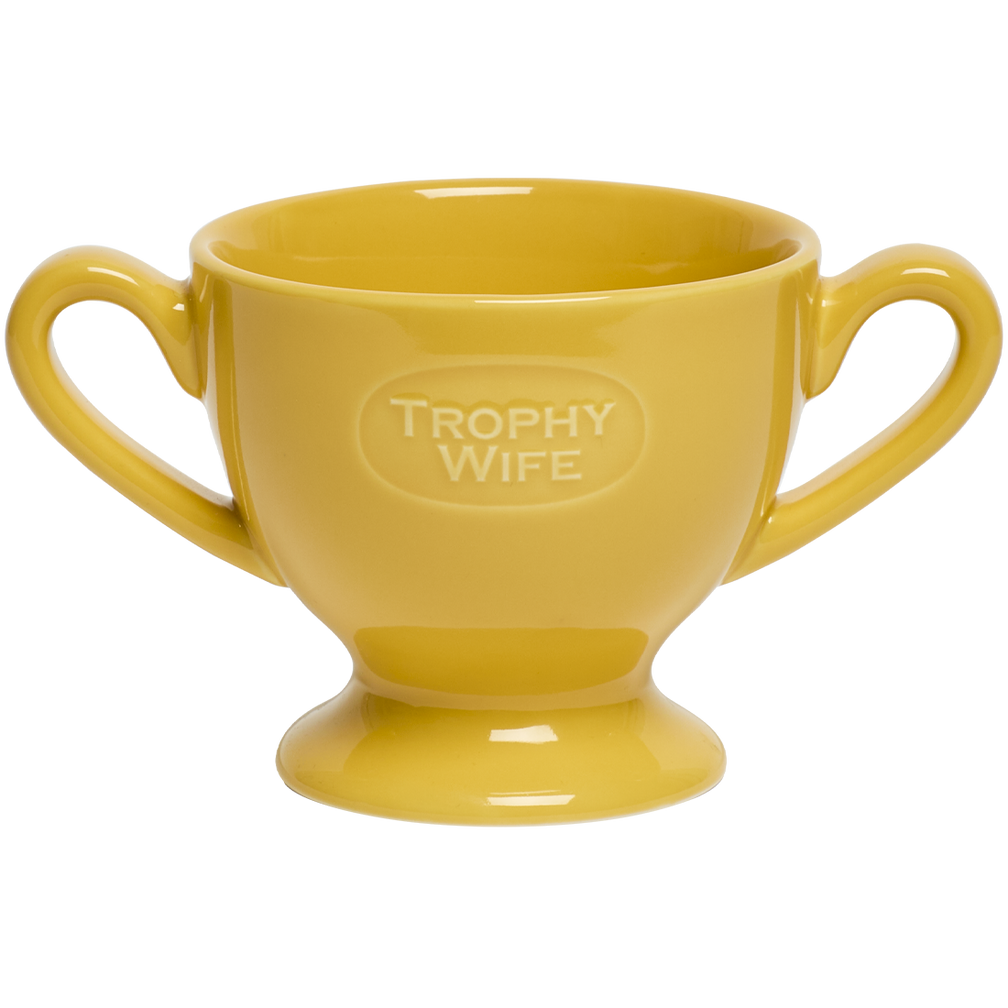 Yellow mug with 'Trophy Wife' text on a white background