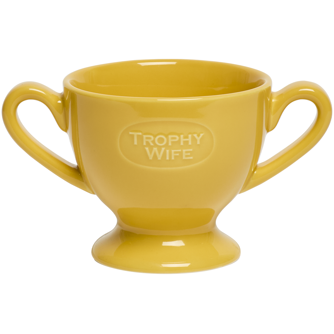 Yellow mug with 'Trophy Wife' text on a white background