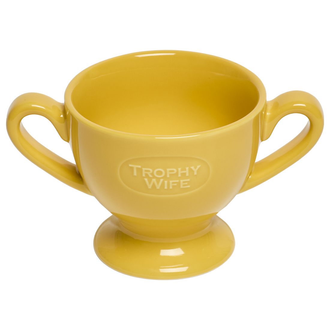 Yellow trophy-shaped mug with 'Trophy Wife' text on a white background