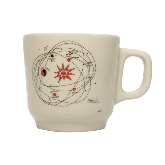 A white ceramic mug with a hand-drawn illustration of a solar system with planets and a central star.