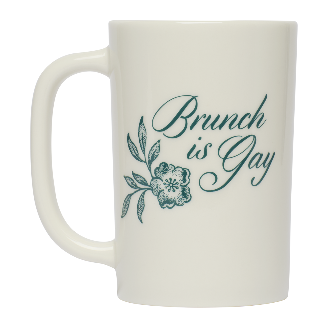 White mug with 'Brunch is Gay' text and floral design on a white background