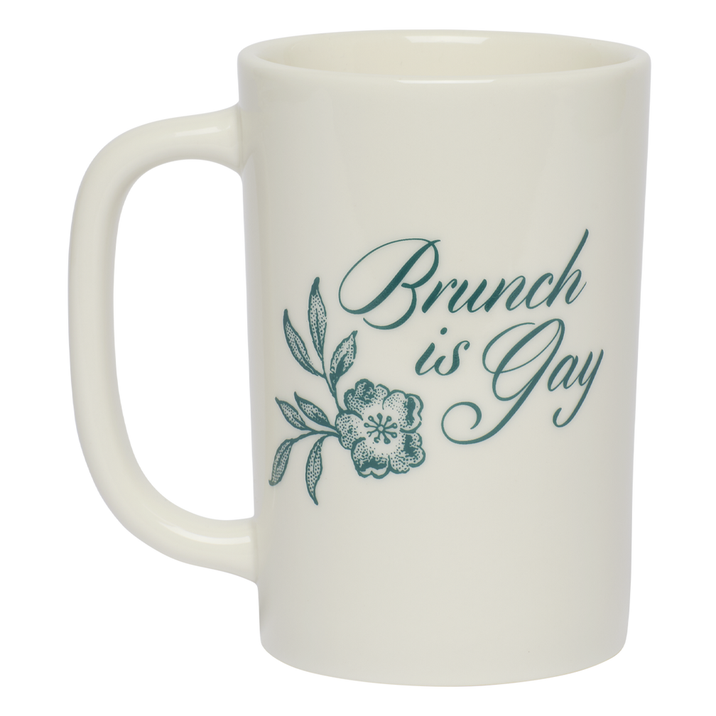 White mug with 'Brunch is Gay' text and floral design on a white background