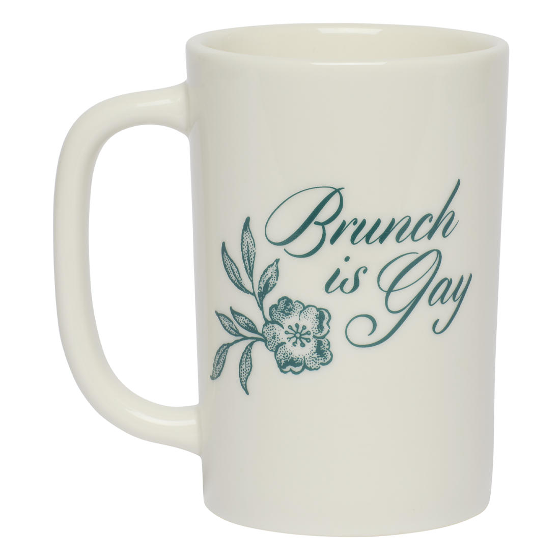 White mug with 'Brunch is Gay' text and floral design on a white background