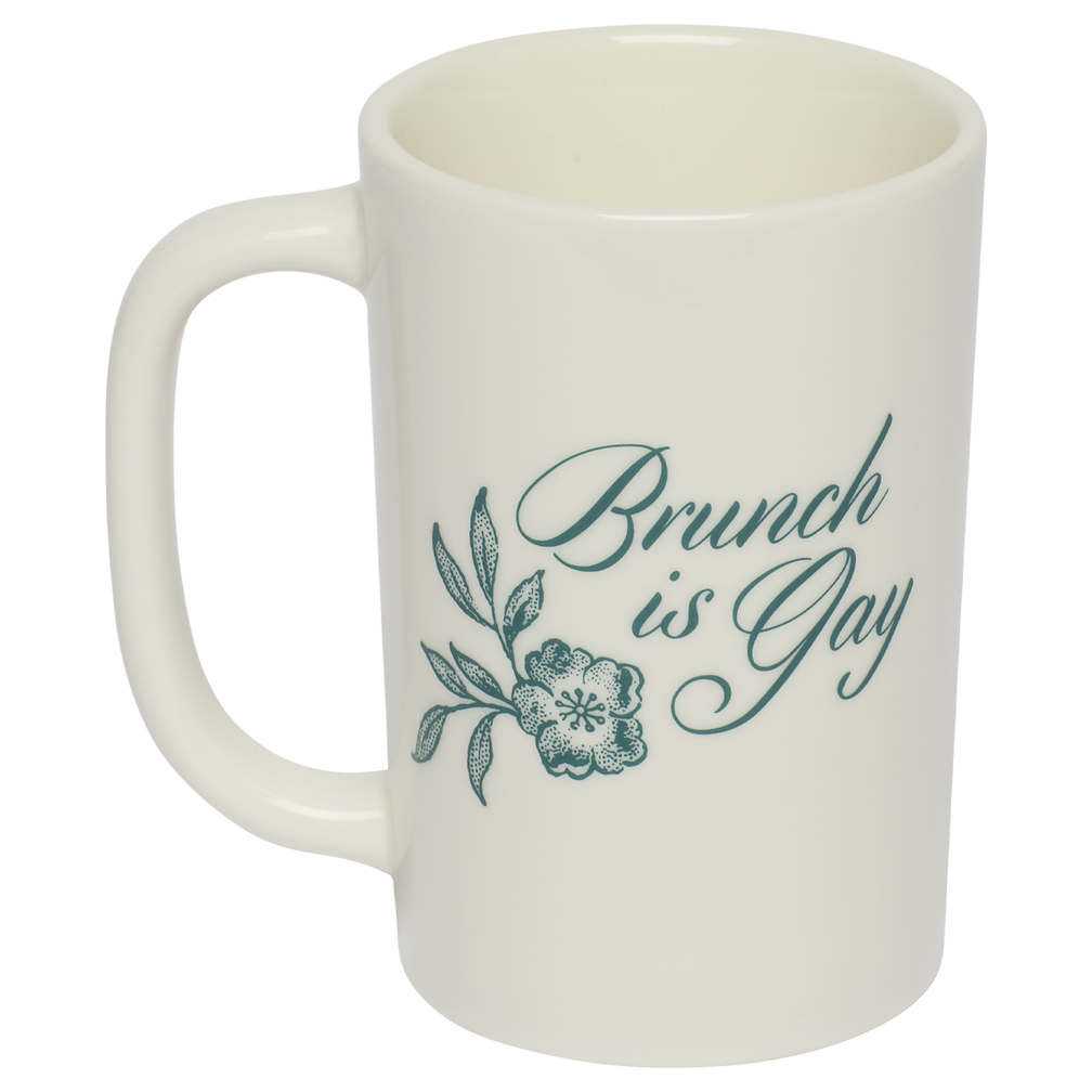 White mug with 'Brunch is Gay' text and floral design on a white background