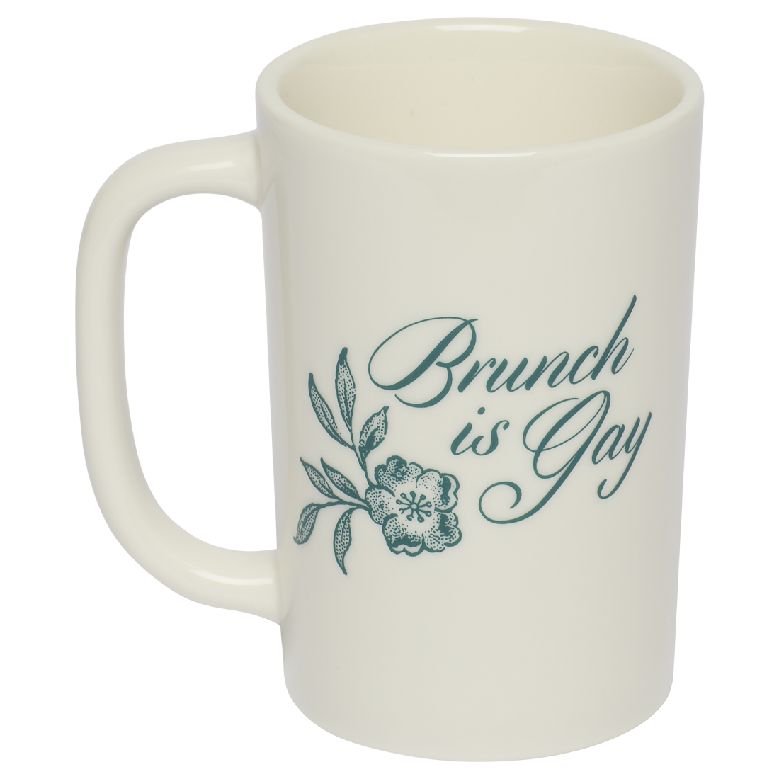 White mug with 'Brunch is Gay' text and floral design on a white background