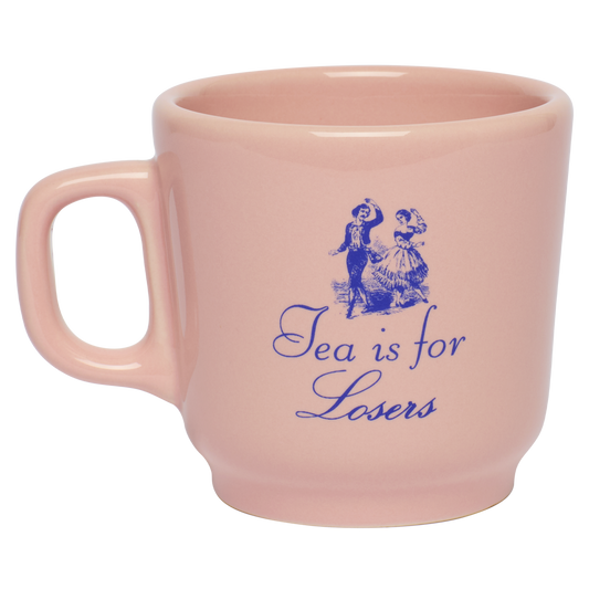 Pink mug with blue text and graphics on a white background