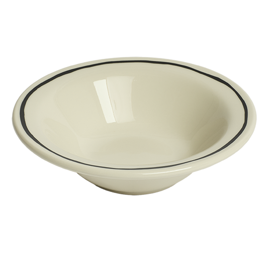 White ceramic grapefruit bowl with hand sketched black line on rim. 
