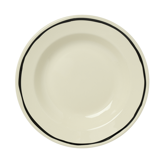 A white soup bowl with a black hand-sketched line pattern around the rim.