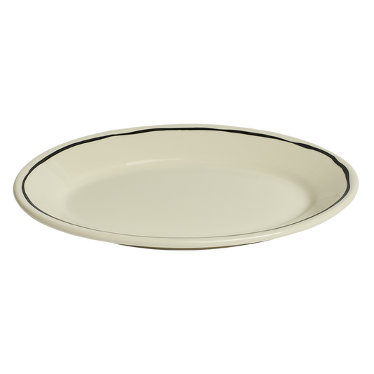 A small oval plate with a black hand-sketched line along the rim on a white background.