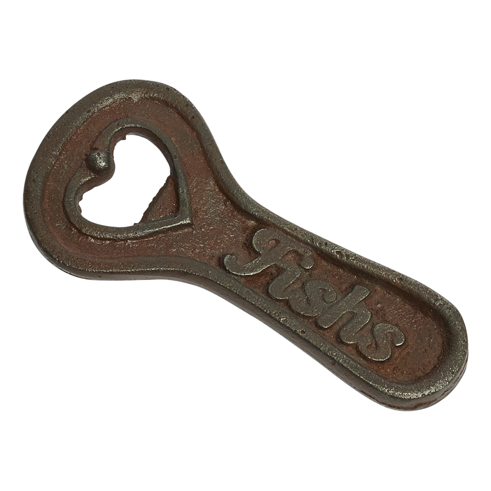 Cast iron bottle opener with 'Fisher' branding on a white background