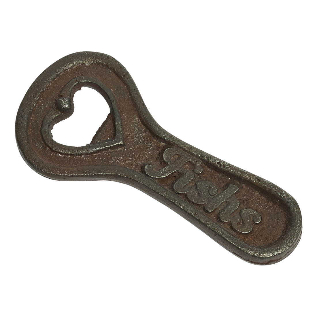 Cast iron bottle opener with 'Fisher' branding on a white background
