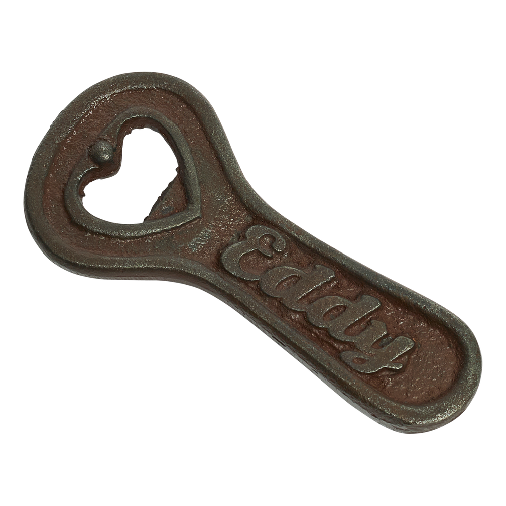 Cast iron bottle opener with 'Eckley' branding on a white background