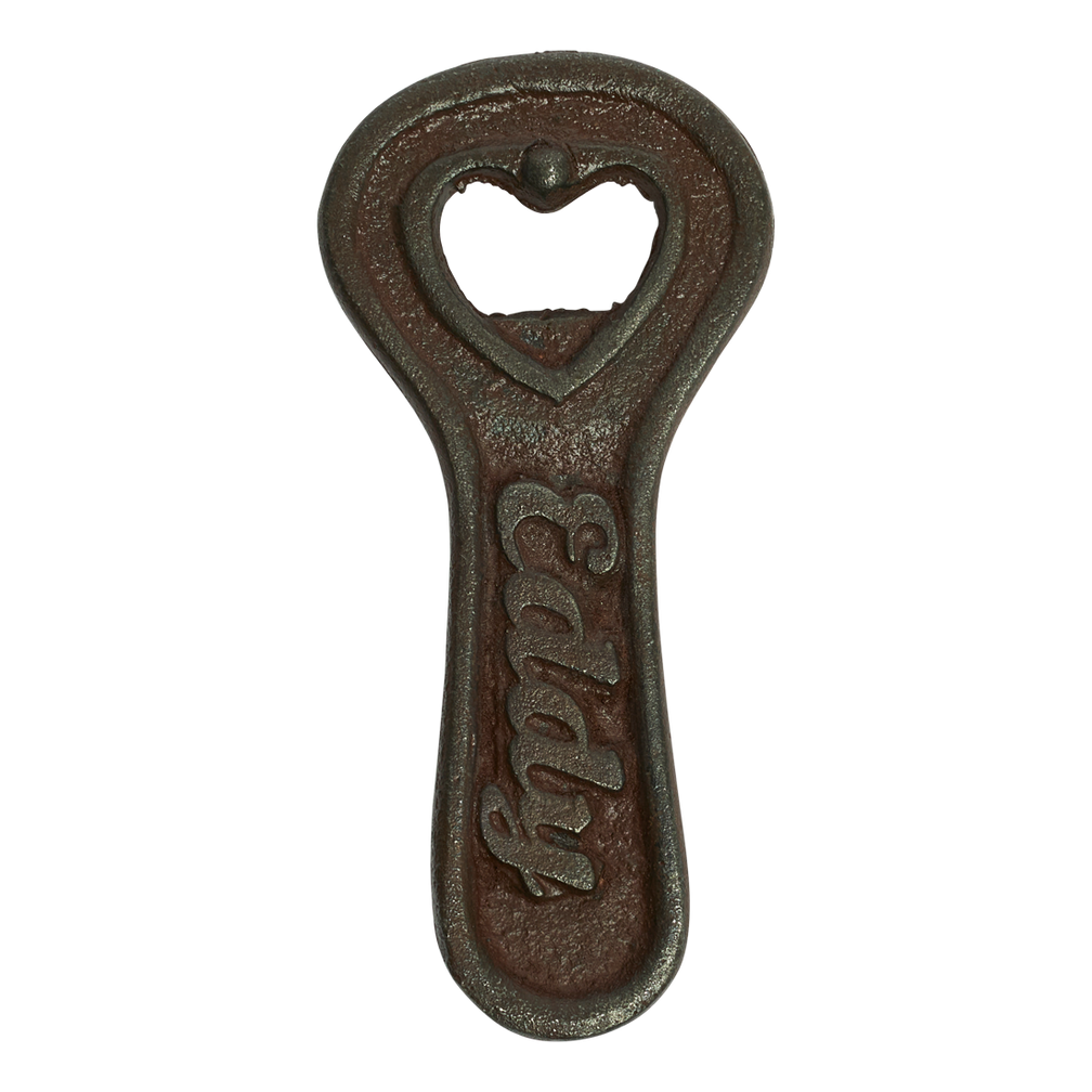 Cast iron bottle opener with heart-shaped hole on a white background
