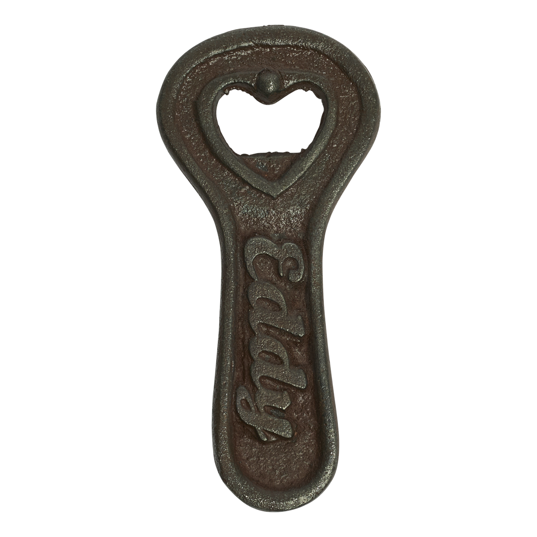 Cast iron bottle opener with heart-shaped hole on a white background