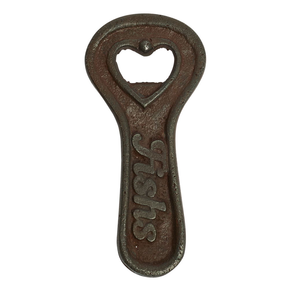 Cast iron bottle opener with 'Fists' engraving on a white background