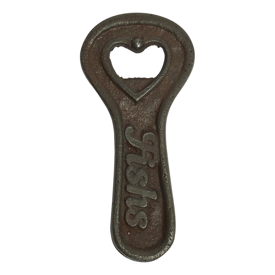 Cast iron bottle opener with 'Fists' engraving on a white background