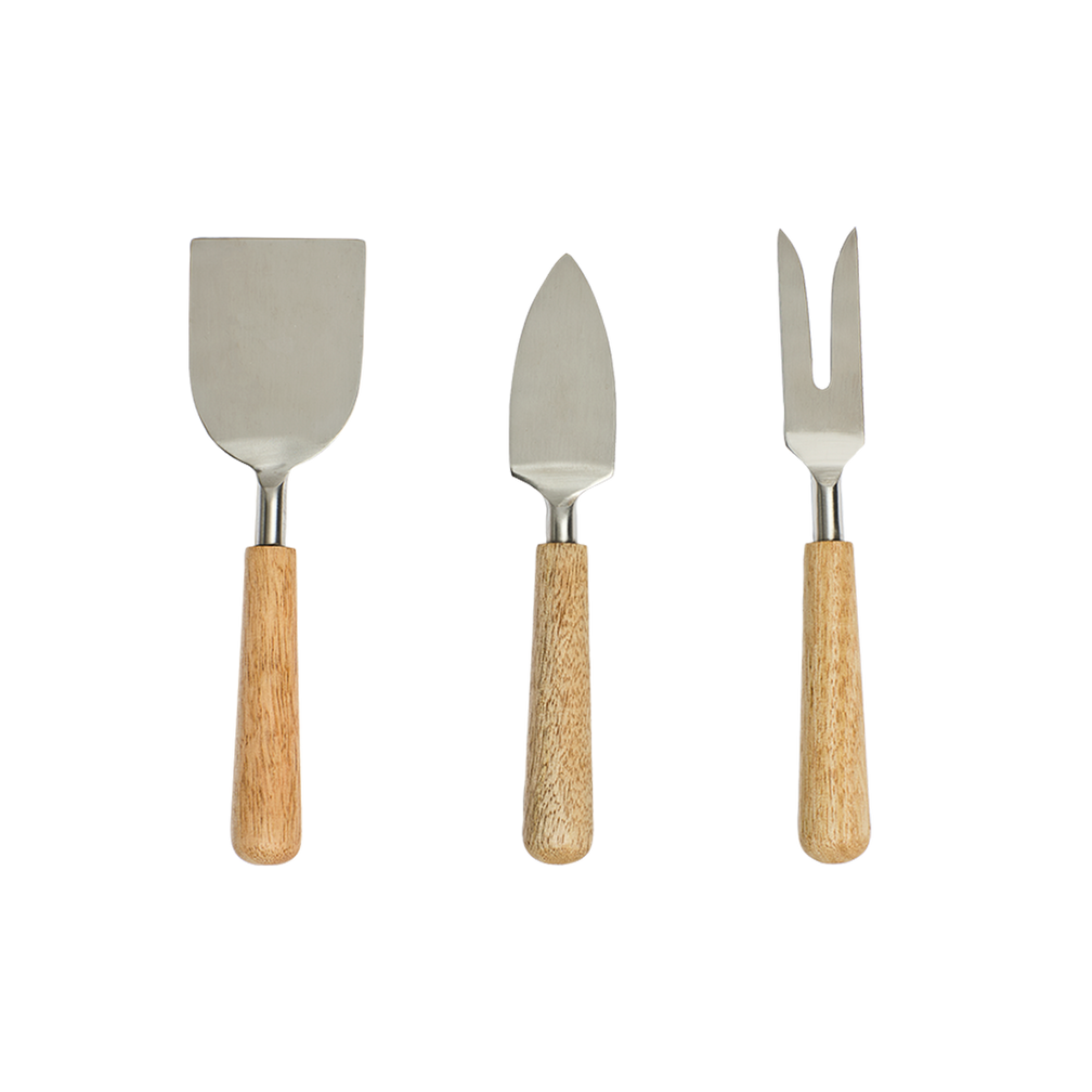 Set of three cheese tools with wooden handles on a white background