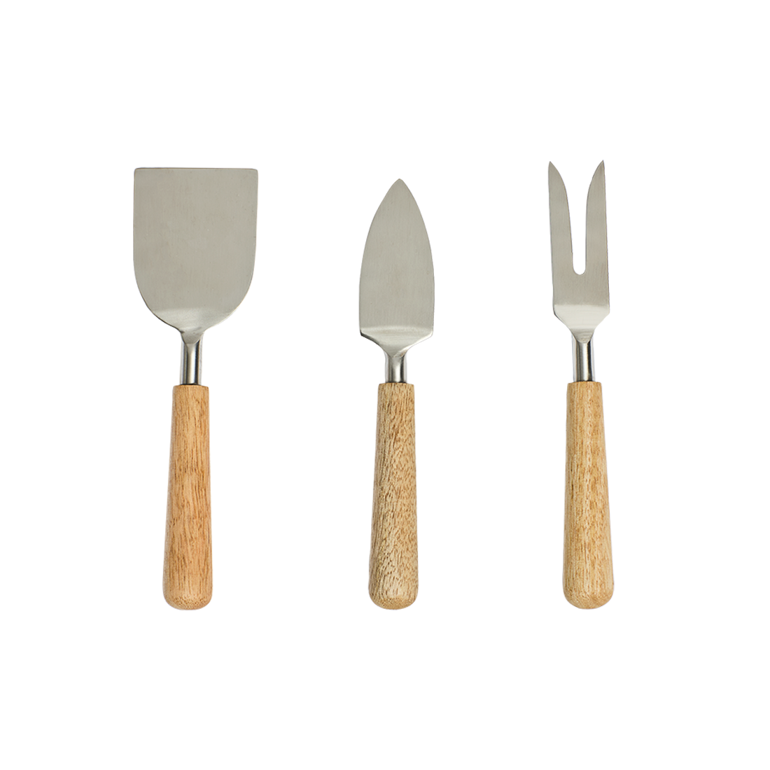 Set of three cheese tools with wooden handles on a white background