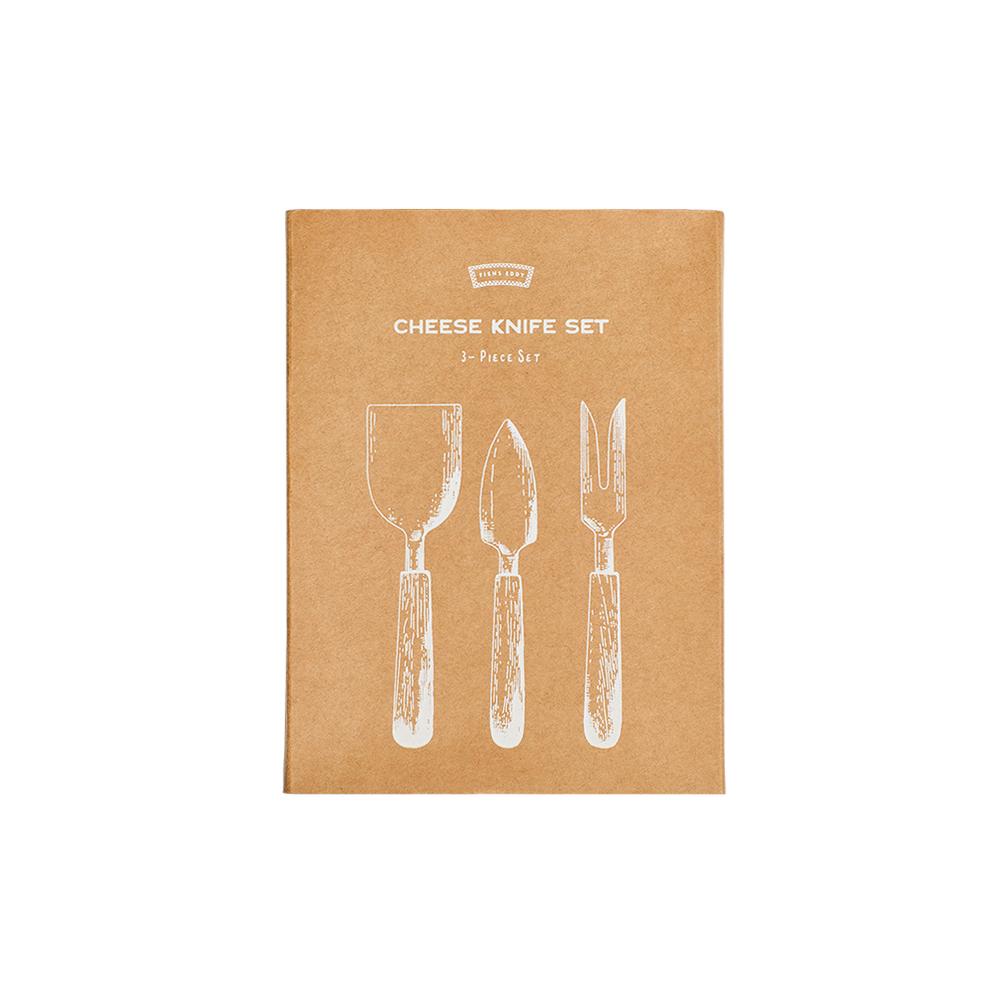 Kraft paper packaging for a cheese knife set with illustrations of a knife, cheese knife, and fork.