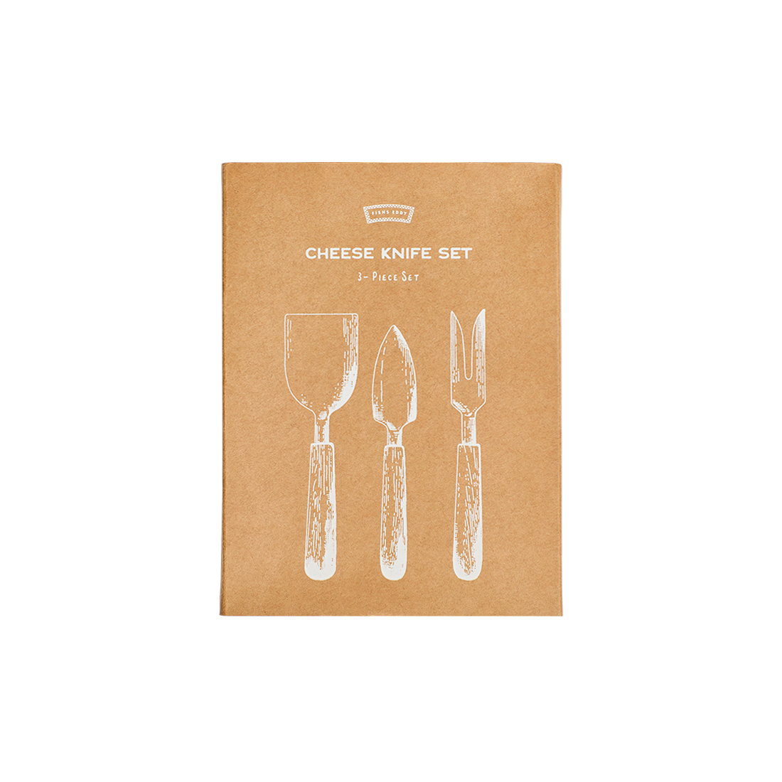 Kraft paper packaging for a cheese knife set with illustrations of a knife, cheese knife, and fork.