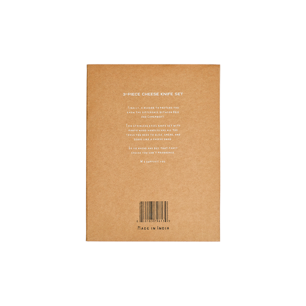 Back of a cardboard box with text and a barcode, featuring '3-Piece Cheese Knife Set' and 'Made in India'.