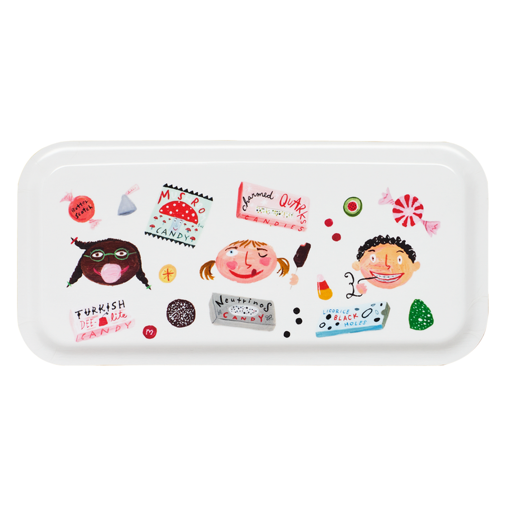 Rectangular white tray with colorful illustrations of people and objects on a white background