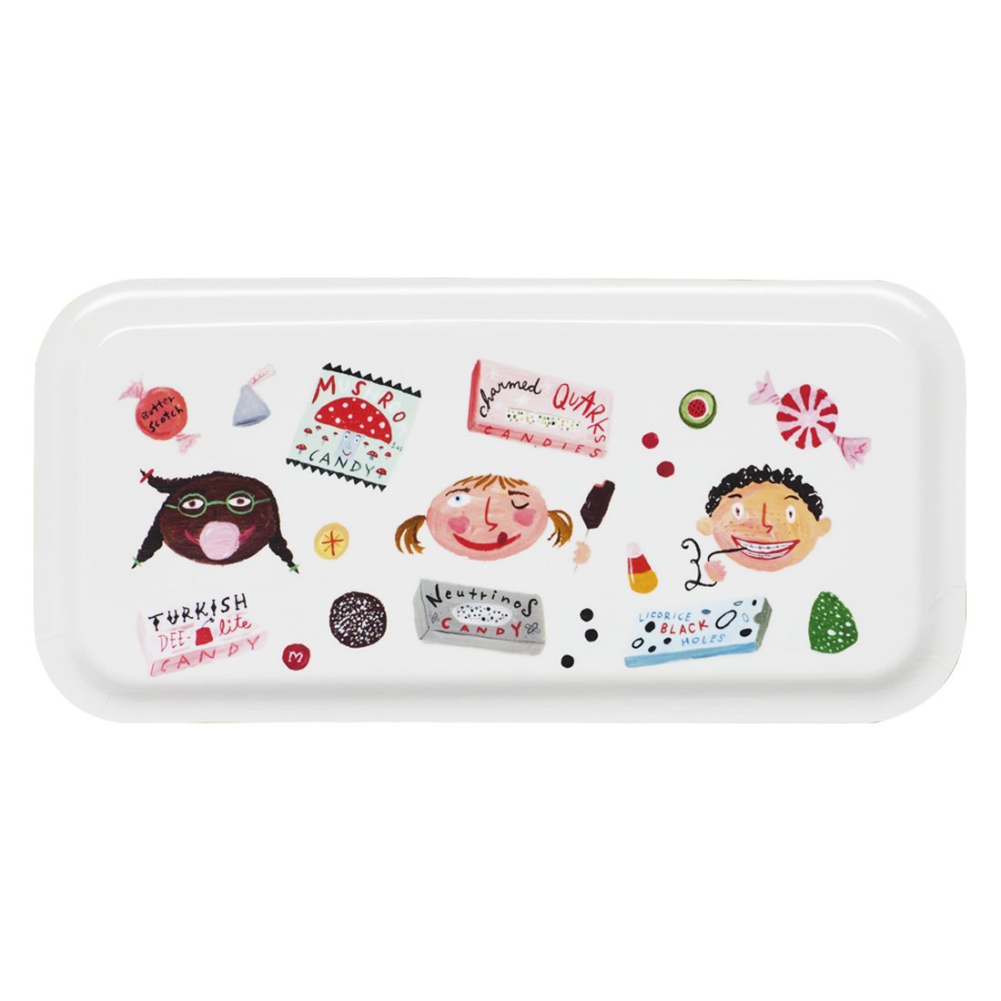 Rectangular white tray with colorful illustrations of people and objects on a white background