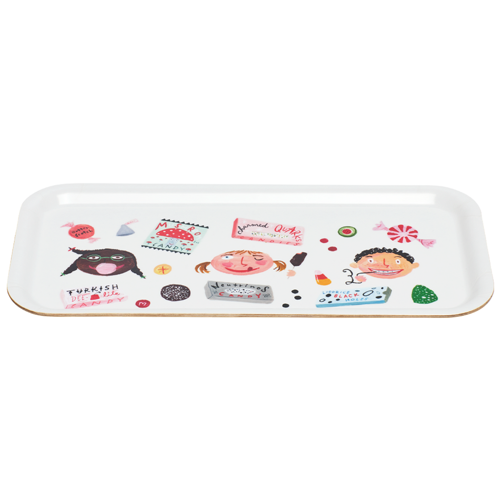 Rectangular tray with cartoon character designs on a white background