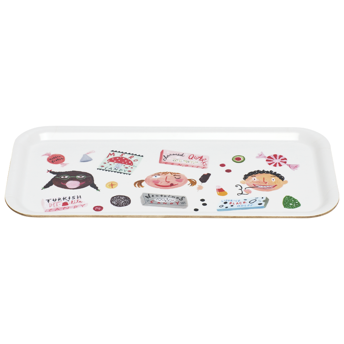 Rectangular tray with cartoon character designs on a white background