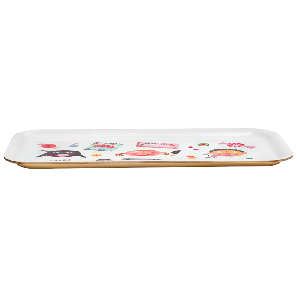 Rectangular white tray with floral and cat design on a white background