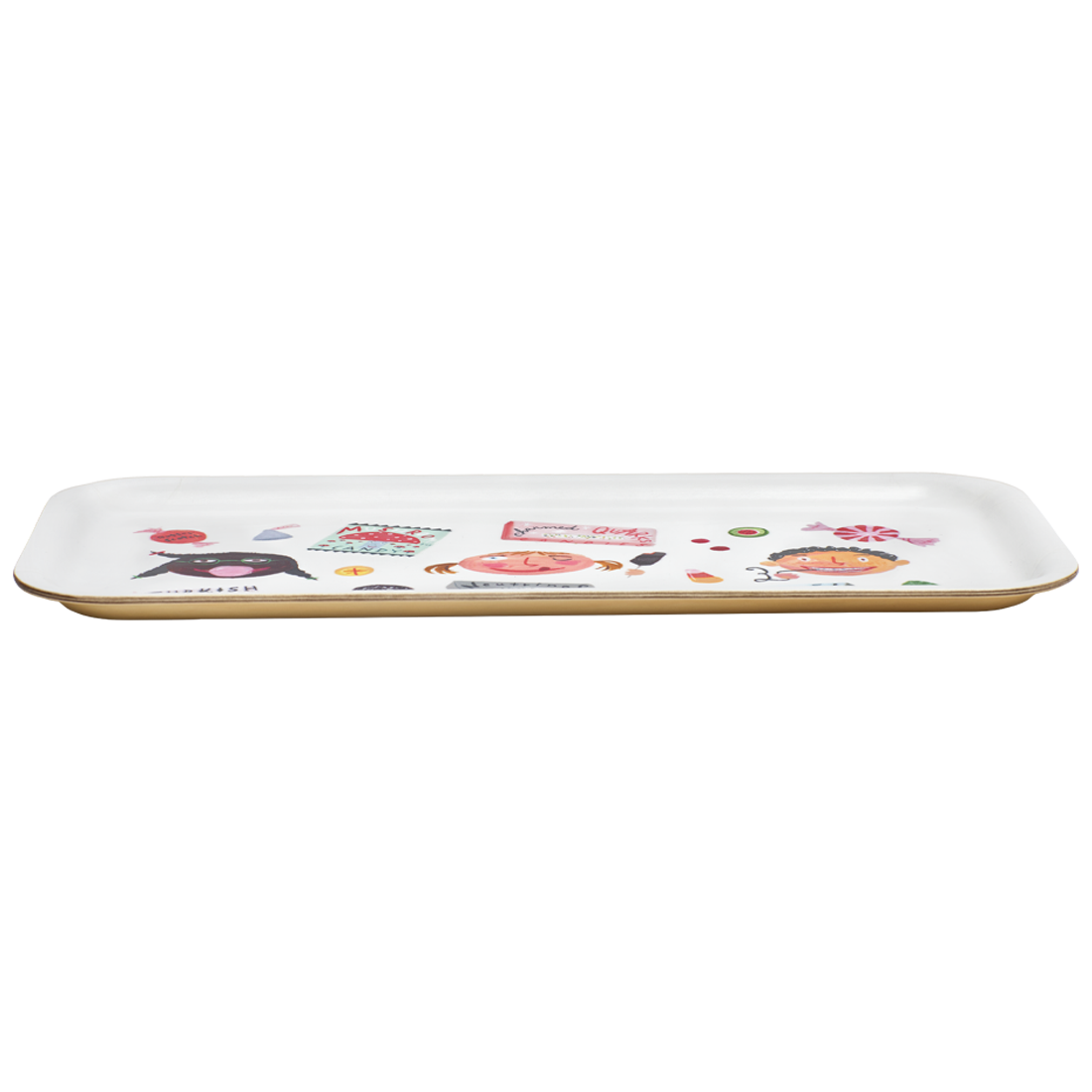 Rectangular white tray with floral and cat design on a white background