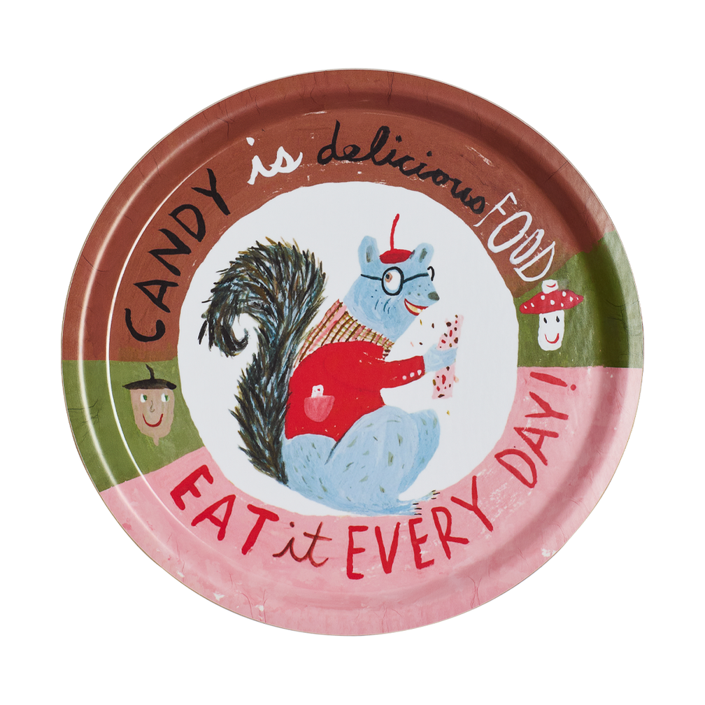 Colorful plate with a cartoon squirrel, text, and decorative elements on a white background