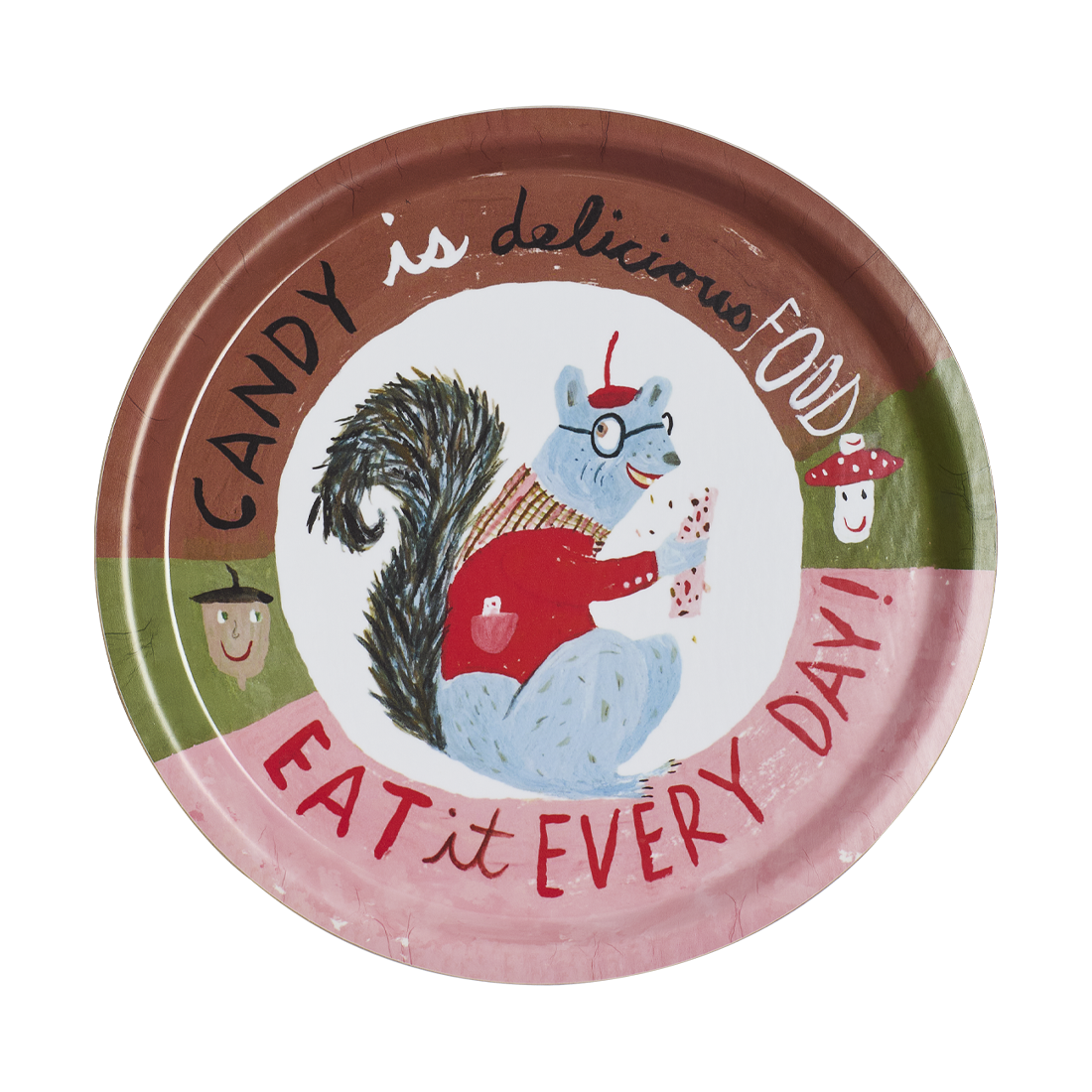 Colorful plate with a cartoon squirrel, text, and decorative elements on a white background
