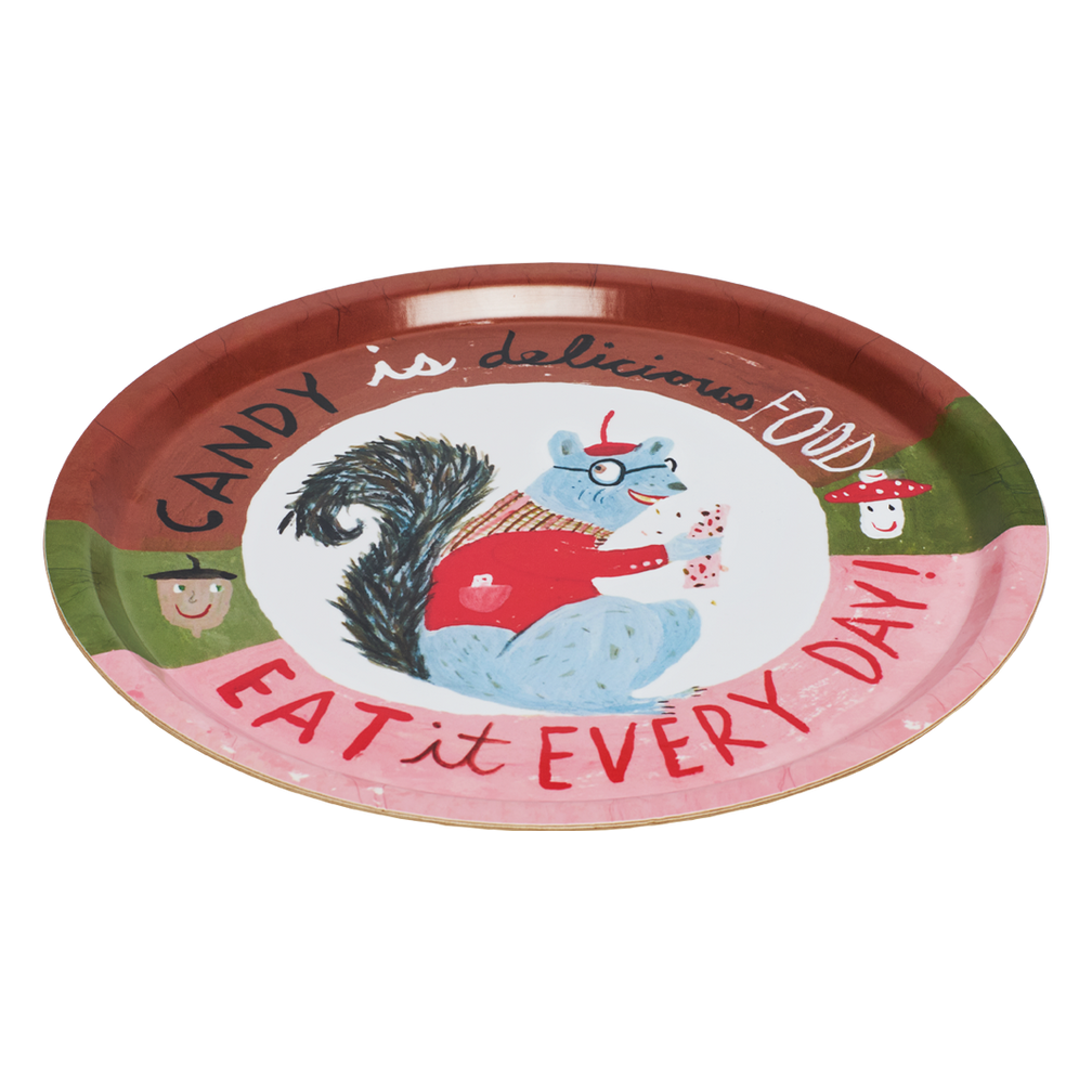 Decorative plate with a cartoon squirrel and text on a white background
