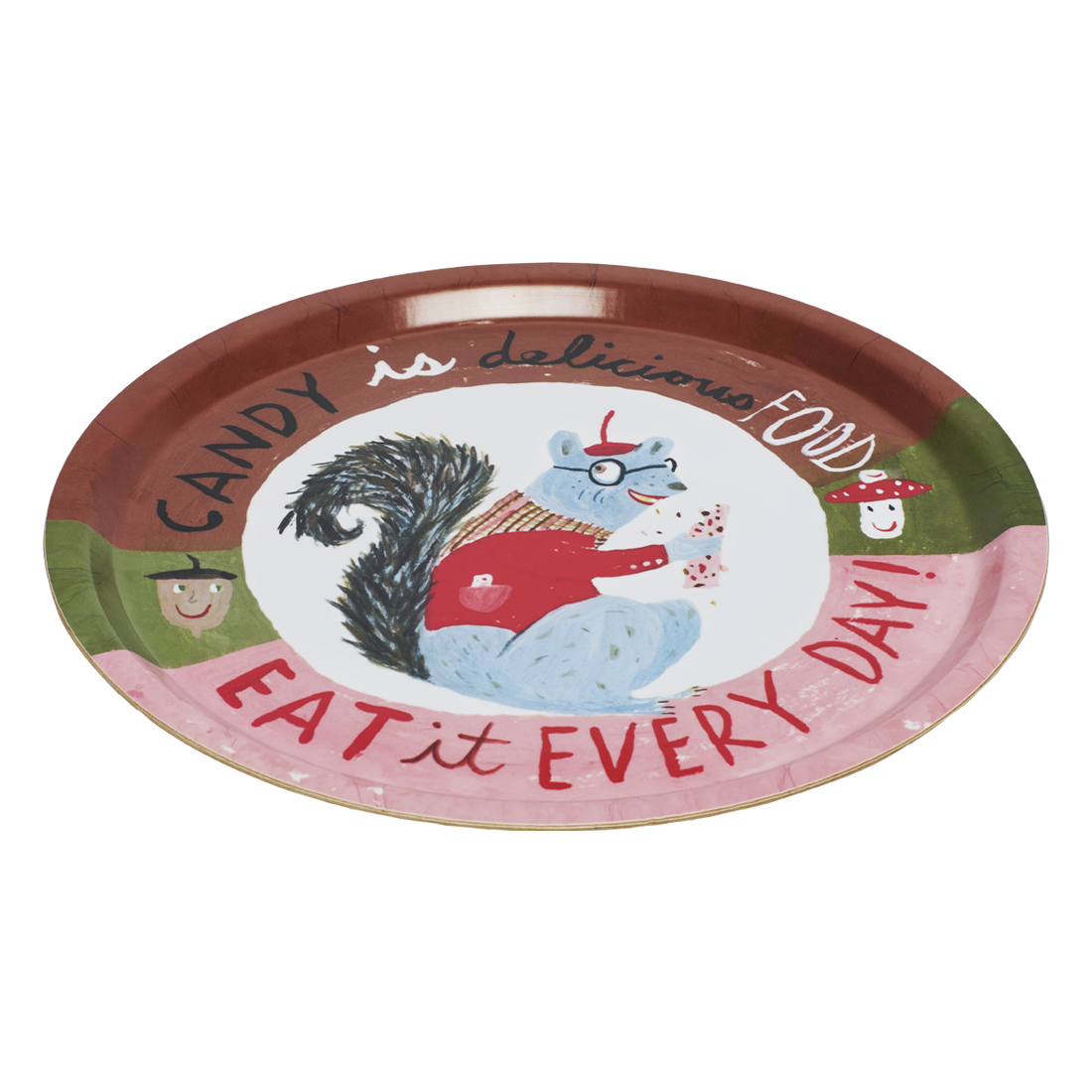 Decorative plate with a cartoon squirrel and text on a white background