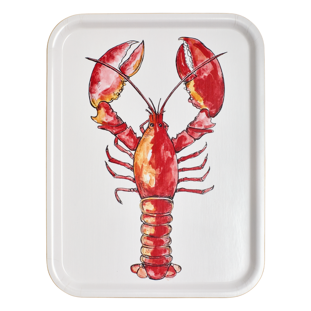 Rectangular tray with a red lobster illustration on a white background