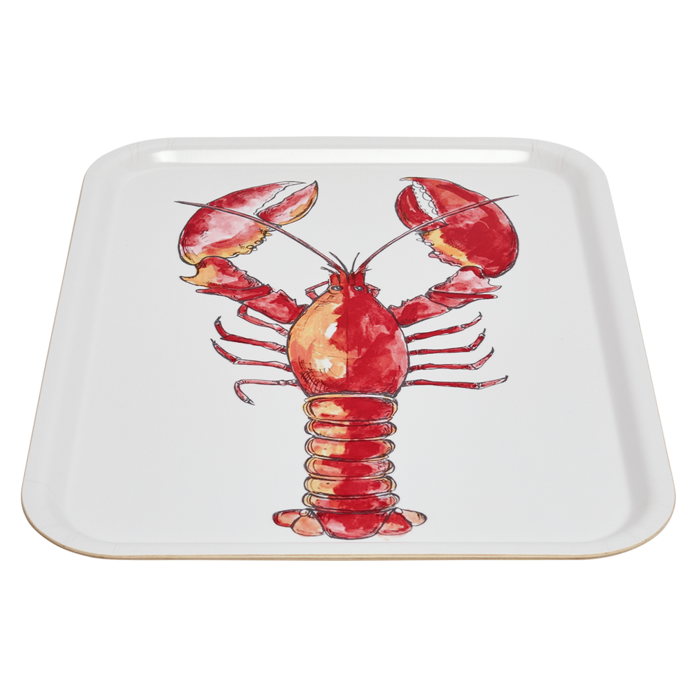 Rectangular plate with a red lobster design on a white background