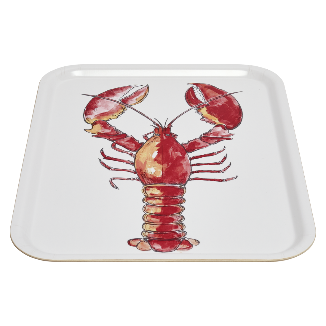 Rectangular plate with a red lobster design on a white background