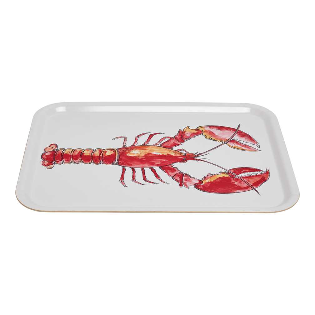 Rectangular tray with a red lobster design on a white background