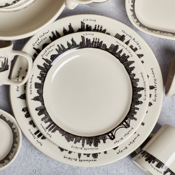 Dishware set with city skyline design on a light background