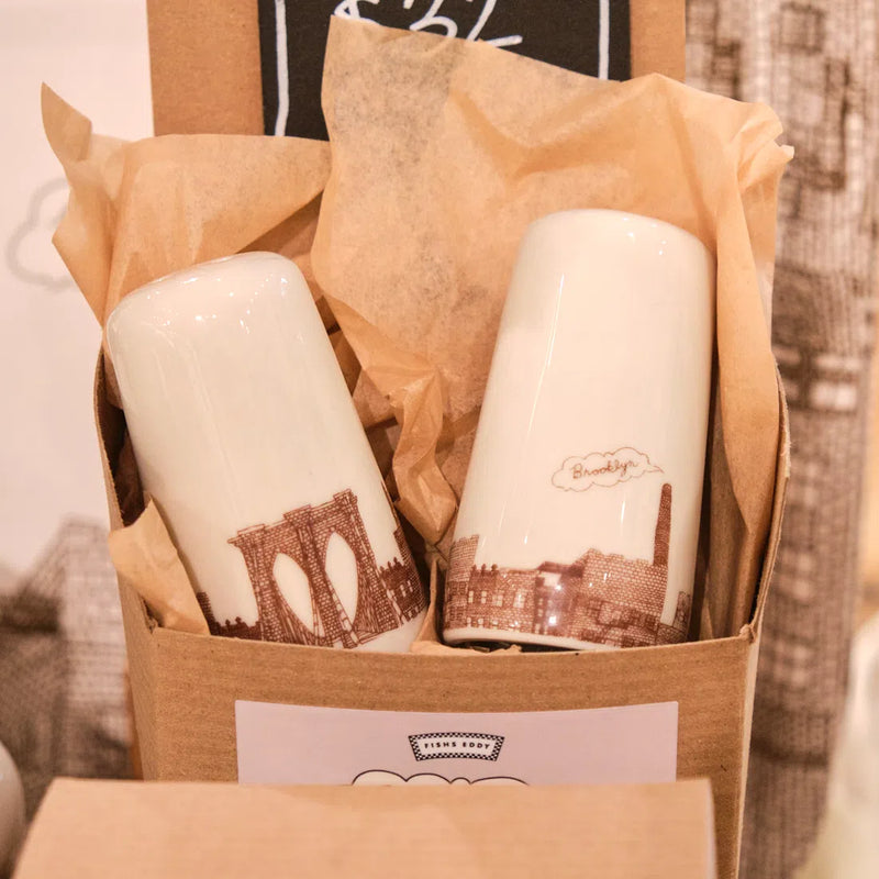 Brooklyn salt and pepper shakers in a kraft gift box with tissue paper